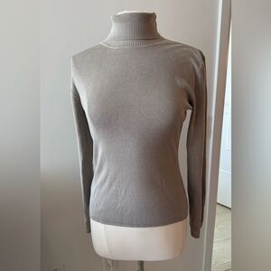 Louben Silk Blend Ribbed Turtleneck Top Neutral Beige Basic